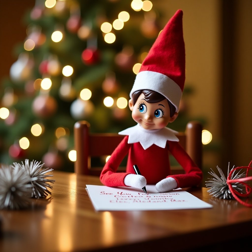 An Elf on the Shelf doll sits at a wooden table, carefully writing a note. The elf is dressed in a classic red outfit with a pointed hat, focusing on the paper in front of it. The note has a cheerful message for children. Behind the elf, a beautifully decorated Christmas tree sparkles brightly. Soft lighting creates a warm and inviting feel perfect for the holiday season. Festive decorations are nearby, adding to the joyful mood of the scene.