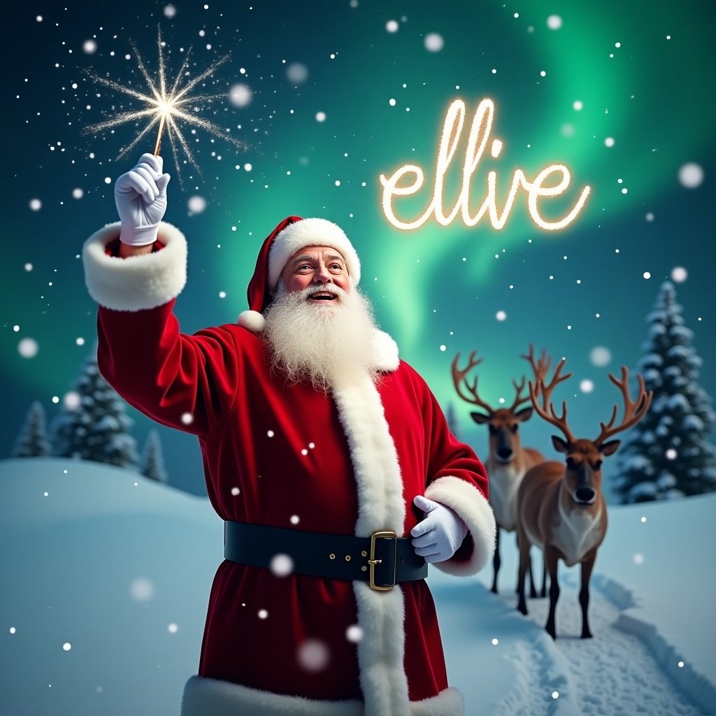 Santa in a red suit joyfully points upward writing 'Ellie' in the sky with a sparkly wand in a winter scene, surrounded by reindeer and gentle snowflakes, under northern lights, celebrating Christmas joy.