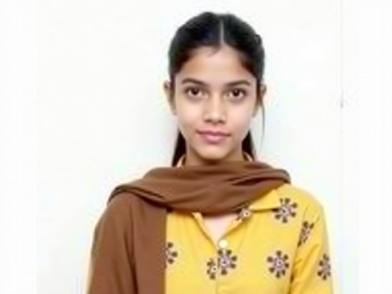 The image shows a young woman with straight hair pulled back into a ponytail. She has a neutral expression on her face and is looking directly at the camera. She is wearing a yellow outfit that has a floral pattern and is draped with a brown scarf over one shoulder. The background is a plain white, making her the focal point of the image. The lighting is soft, highlighting her features naturally.