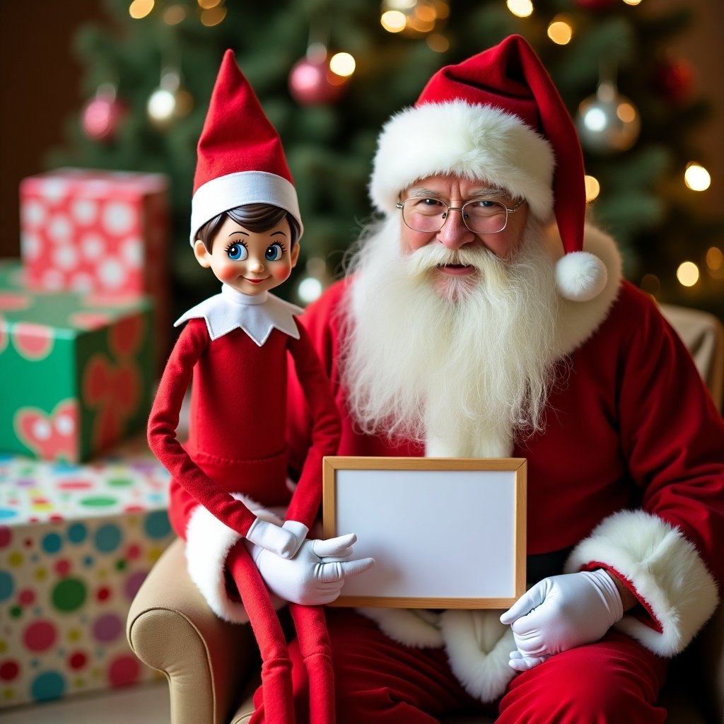 Elf on a shelf with Santa holding a sign. Santa in festive attire with an elf beside him. Christmas tree in the background with lights. Soft warm lighting creates a cheerful atmosphere.