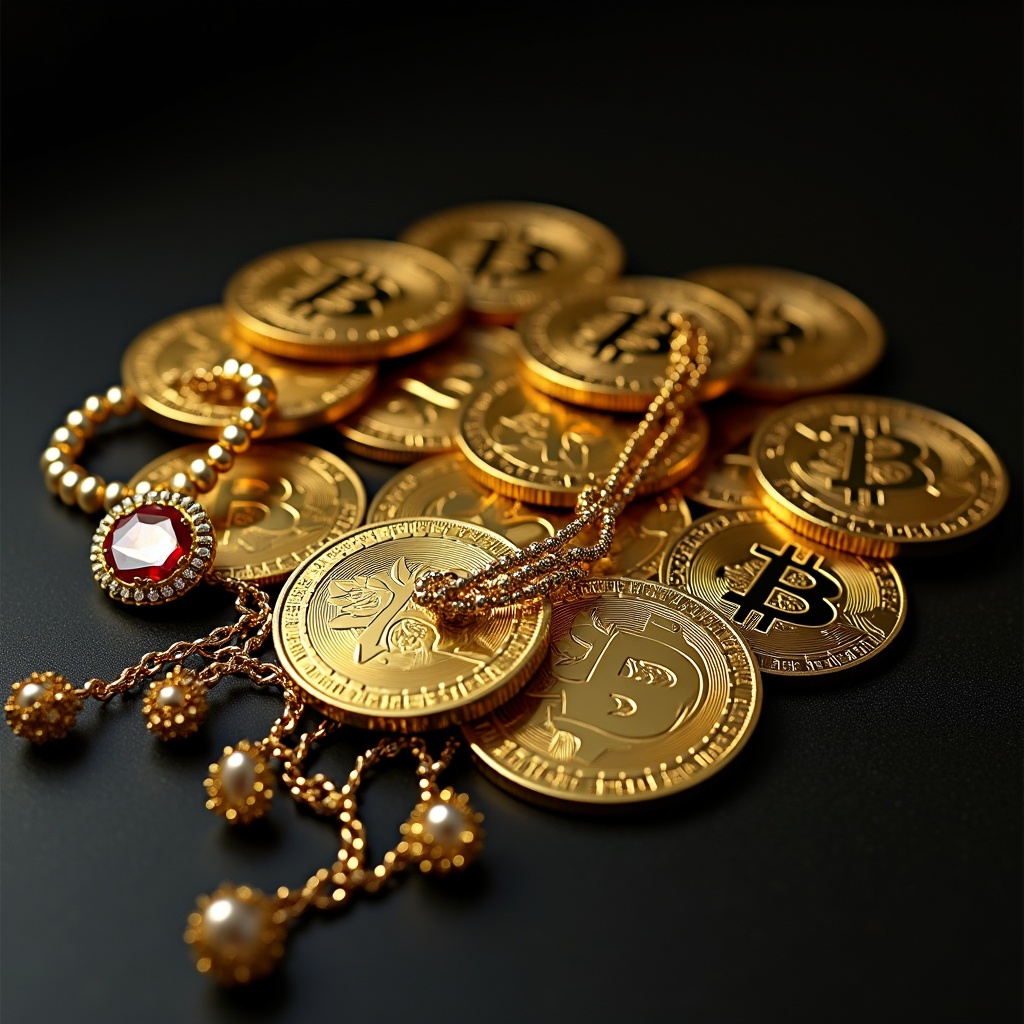 Collection of ornate golden coins and jewelry arranged elegantly on a dark surface.