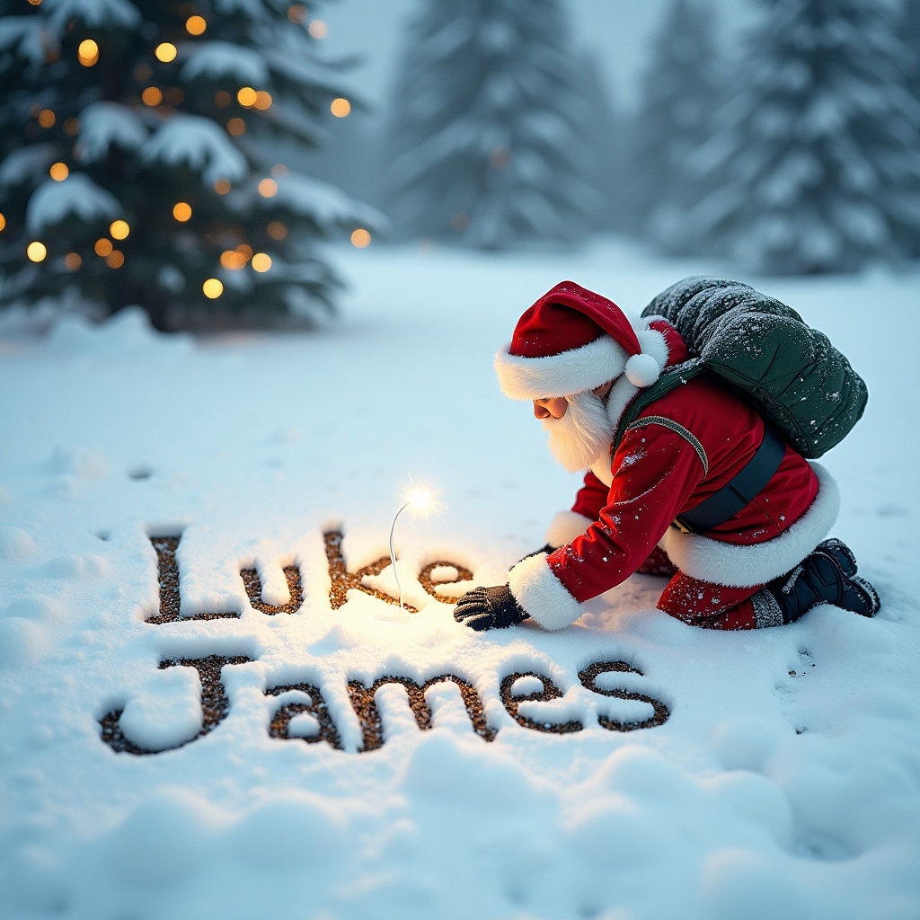 The image depicts a cheerful Santa Claus kneeling in freshly fallen snow, carefully writing the names 'Luke' and 'James' with a sparkler. Snow-covered trees surround him, creating a magical winter wonderland. The soft glow from the sparkler adds warmth to the chilly scene. Santa wears his classic red suit along with a green backpack. It's a delightful scene capturing the spirit of giving and the joy of the holiday season.