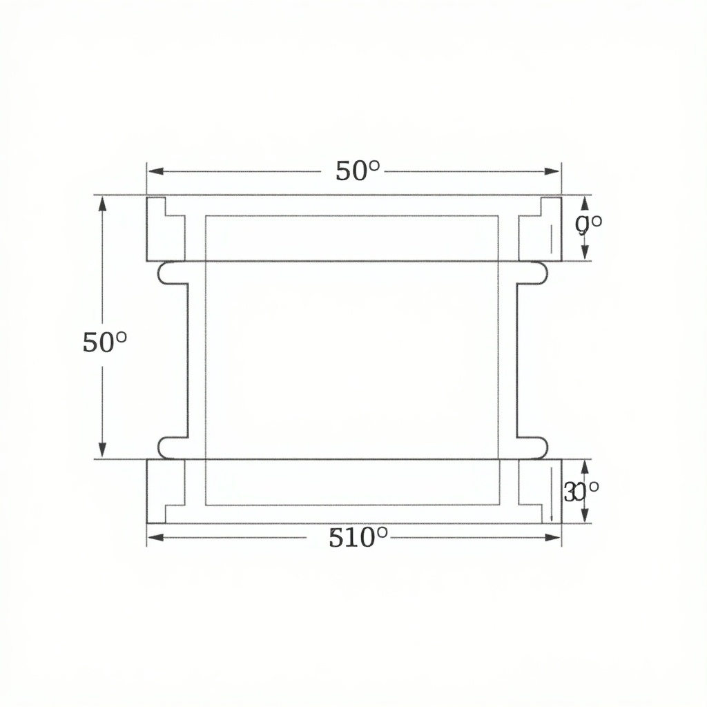 Technical drawing of a rectangular section with notches. Height measures 30 units. Width measures 50 units. Features 10x10 notches on either side. Top view shows width of 50 units. Side view emphasizes height of 30 units and depth of 50 units. Suitable for engineering and architectural projects.