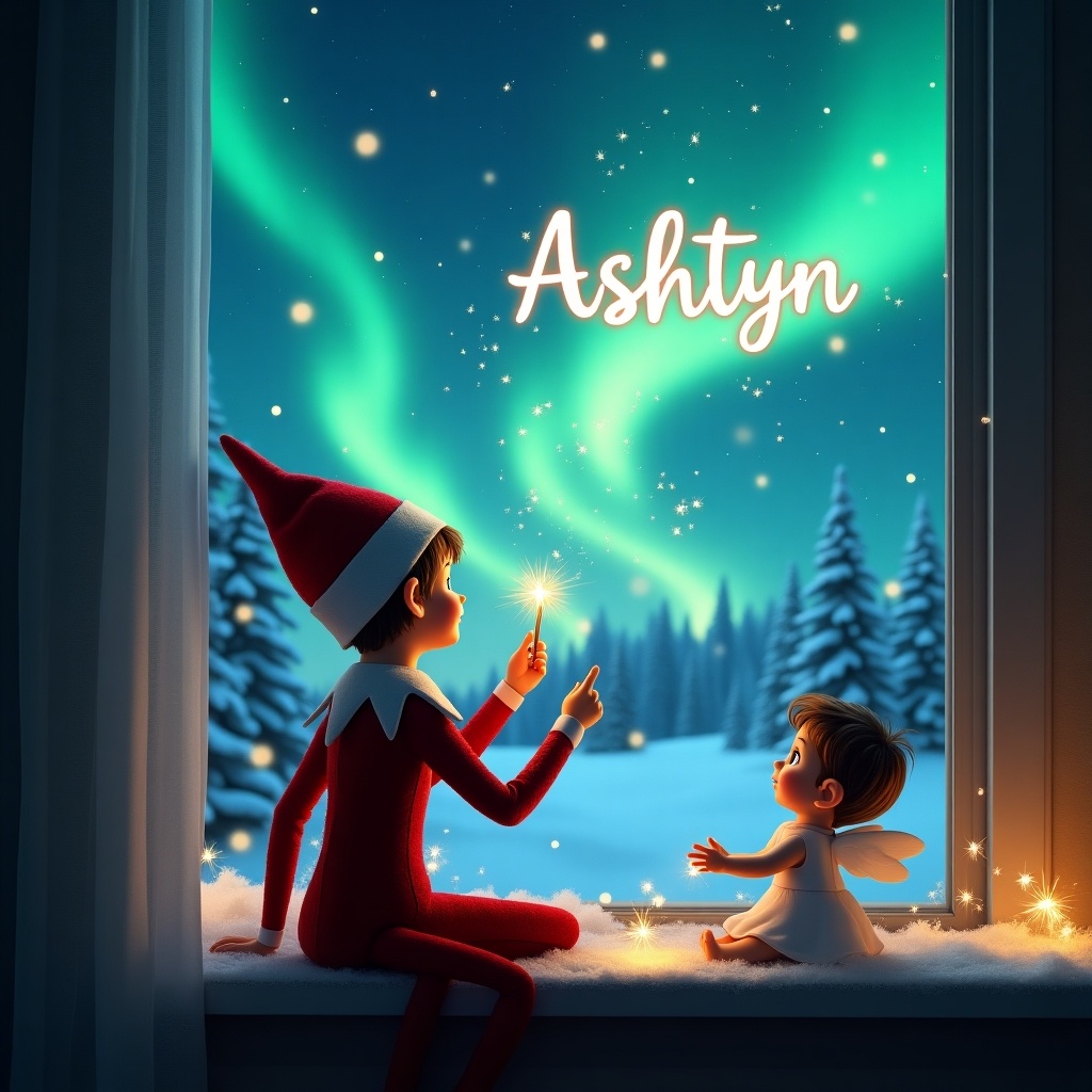 The image features an elf on the shelf sitting on a windowsill, facing a beautiful night sky where the Northern Lights dance. The elf has a wand in hand, creating sparkles as it magically writes the name 'Ashtyn' in the sky. Next to it, a small boy angel attentively watches the scene. The background showcases a serene winter landscape covered in soft snow. There are glowing lights enhancing the festive feel. This enchanting scene captures the essence of the Christmas season and evokes a sense of wonder.