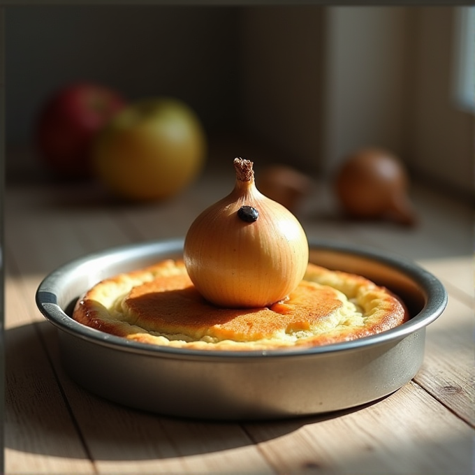 A round onion sits atop a baked pie in a metal pan, surrounded by scattered fruits on a wooden surface.