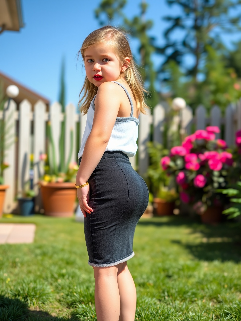 A young girl in a stylish outfit stands in a sunny garden, surrounded by vibrant flowers and greenery.