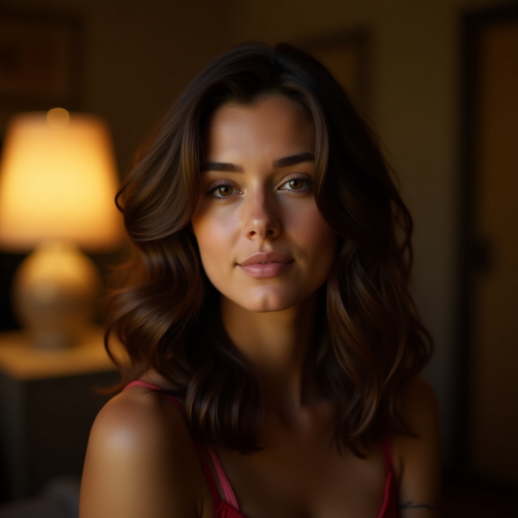 Portrait of a young woman with wavy hair and serene expression. Soft warm lighting enhances features. Background is slightly out of focus with cozy lamp illumination.