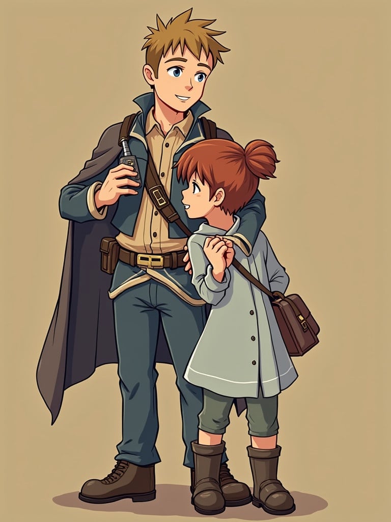 An illustration featuring two cartoon characters who are a parent and child. The child is looking up at the parent who is holding a small object. The setting appears warm and friendly. The characters wear casual clothes.