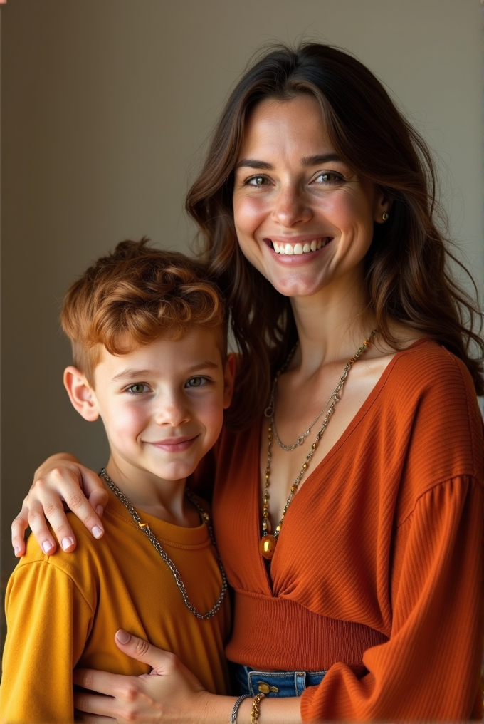 A woman and a child wearing matching orange outfits are happily smiling together.