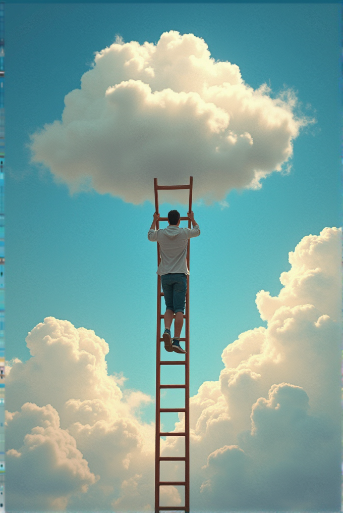 A person climbs a ladder to touch a large, fluffy cloud against a vibrant blue sky.