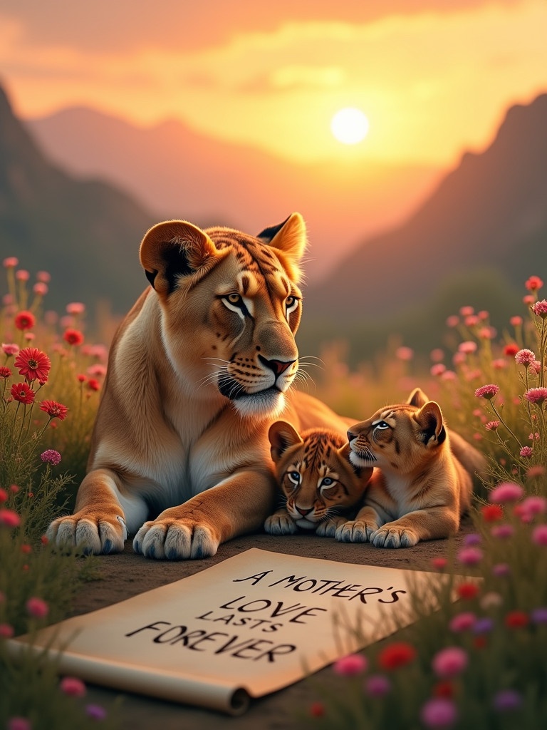 A lioness lays in a field of flowers with her three cubs during sunset mountains in the background. A scroll rests on the ground with the text A MOTHER'S LOVE LASTS FOREVER.