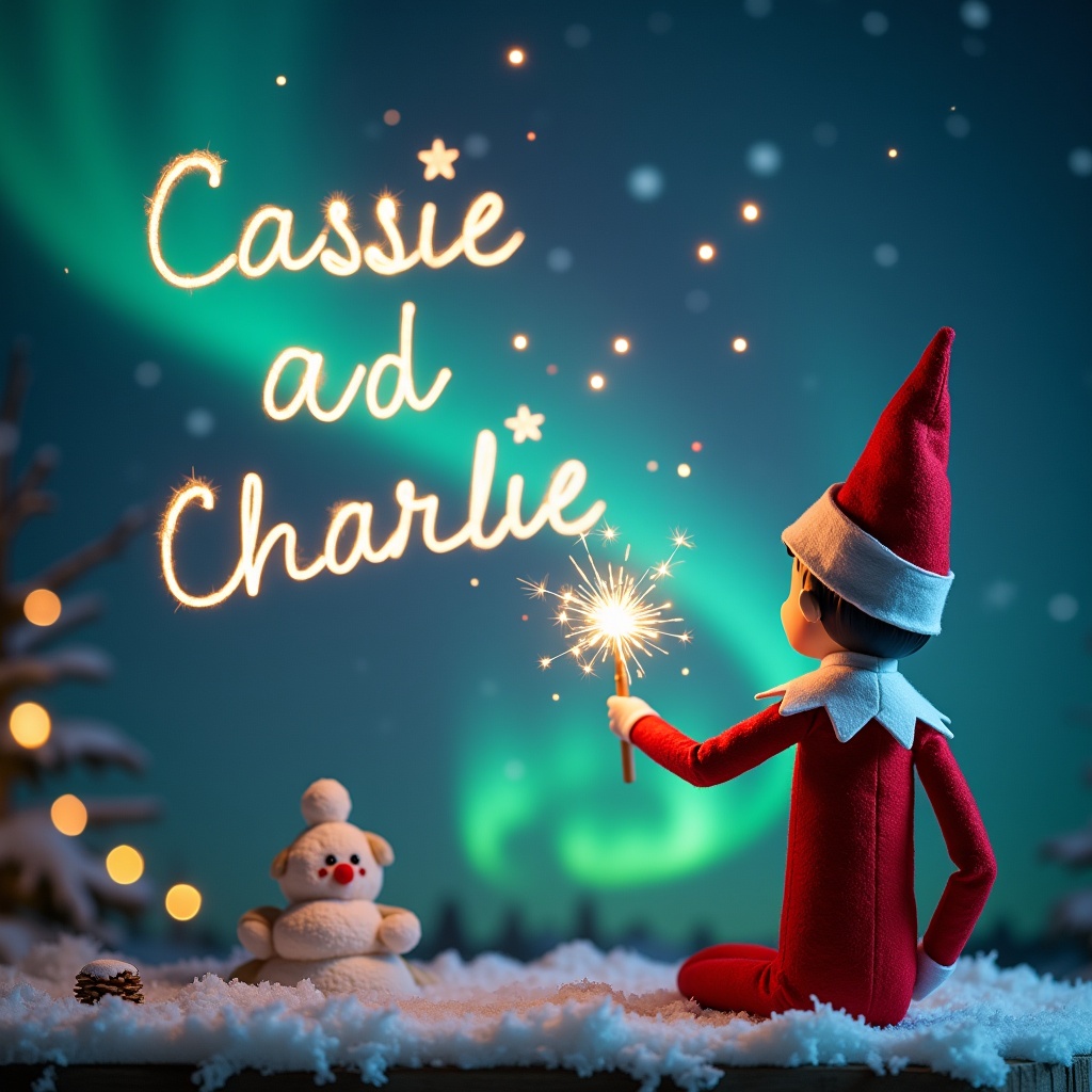 This image depicts an enchanting Christmas scene featuring an elf on the shelf. The elf, dressed in red and white, is viewed from behind as it faces a beautiful dark sky. With a magic wand in hand, it writes 'Cassie & Charlie' in glowing letters in the air. The backdrop is illuminated by vibrant northern lights, enhancing the magical atmosphere. Snow covers the ground, adding a serene touch to this festive setting, perfectly capturing the joy of the holiday season.