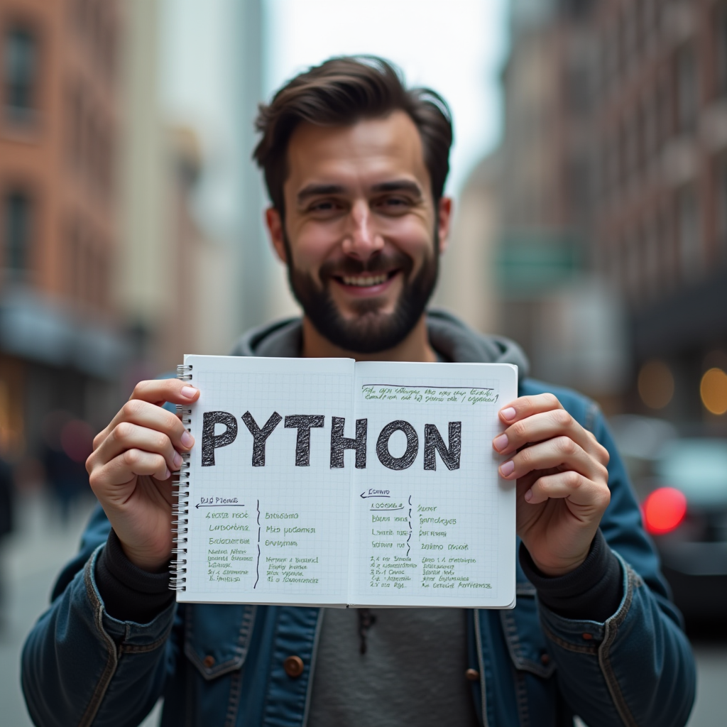 A smiling man holds an open notebook showing the word 'PYTHON' on a city street.