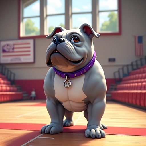 Gray bulldog with a cheerful expression. Bulldog has purple collar. Bulldog stands upright on two legs. Arms of the bulldog are also present. Background shows high school gym with basketball court and bleachers. American flag visible in the gym. Scene conveys a fun and sporty atmosphere.