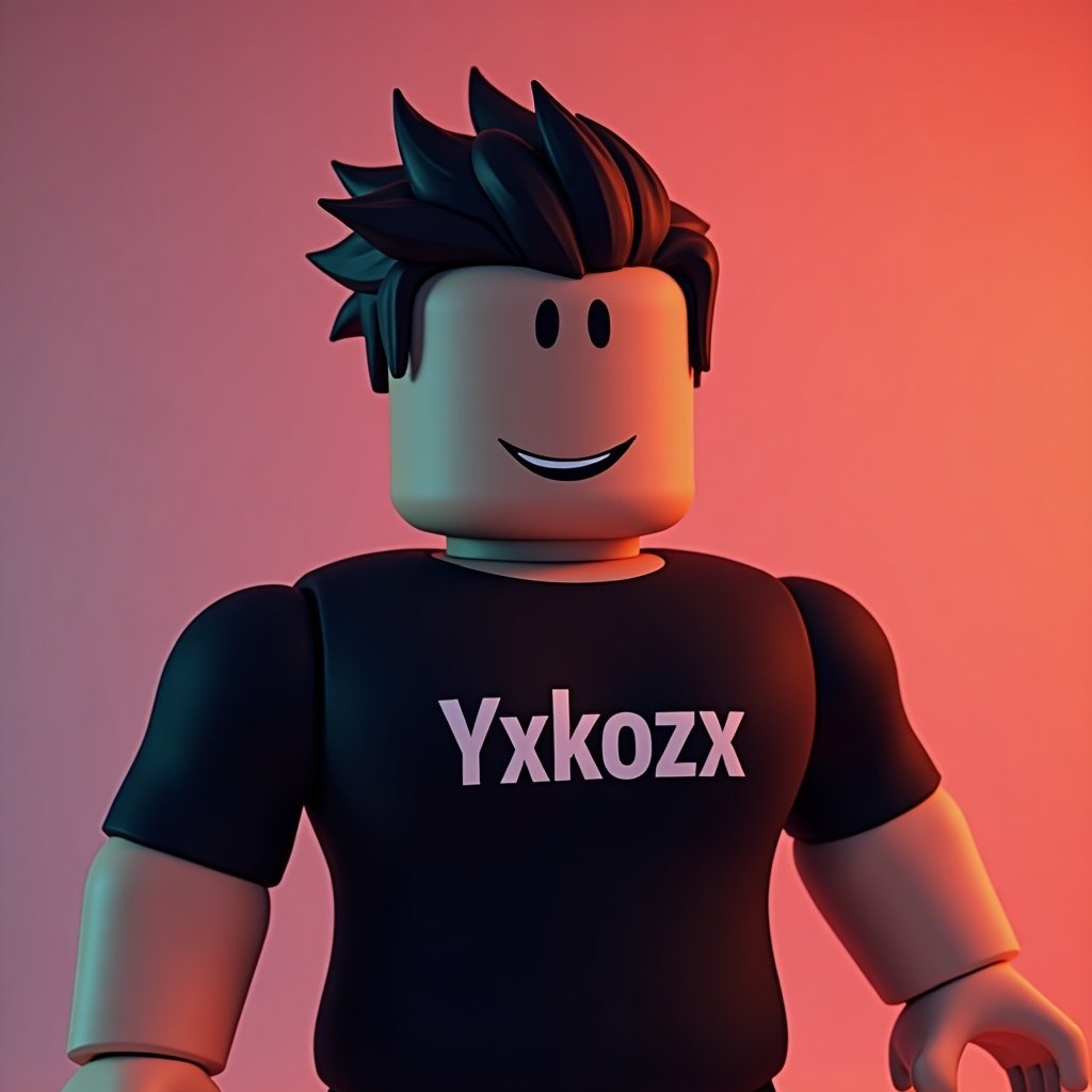 Image features a Roblox-style character in a black shirt displaying the name Yxkozx. Background presents an RGB color gradient. Includes the Roblox logo.