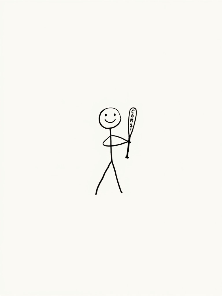 Doodle of a stick figure with a round head. Smiling figure holding a baseball bat labeled 'COMMIT'. Minimalistic design using basic lines. Suggests themes of commitment and motivation. Ideal for inspiring messages.