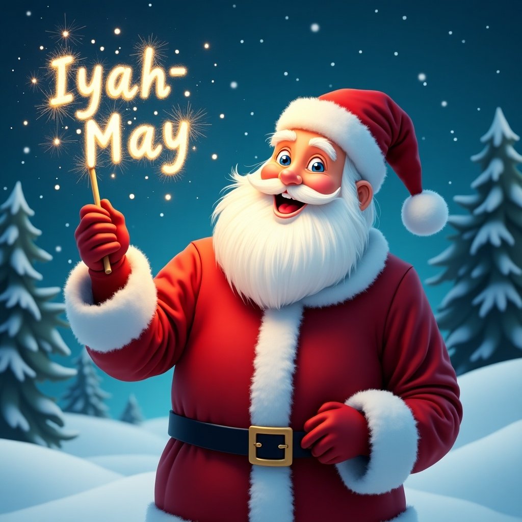 Jolly Santa Claus in snowy landscape holding magical wand shining sparkles. Classic red suit with white fur trim and matching hat. Santa's eyes twinkle with joy appearing to write names in sky. Snowy scene with evergreen trees and starry night sky. Festive and magical atmosphere for holiday season.