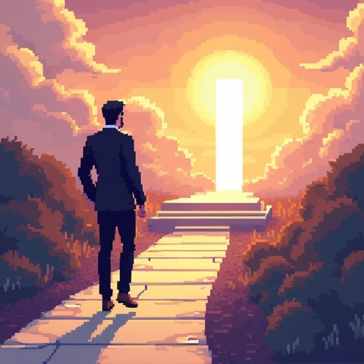 A stylized man in a suit walks towards a glowing doorway at sunset. The path leads through lush greenery.