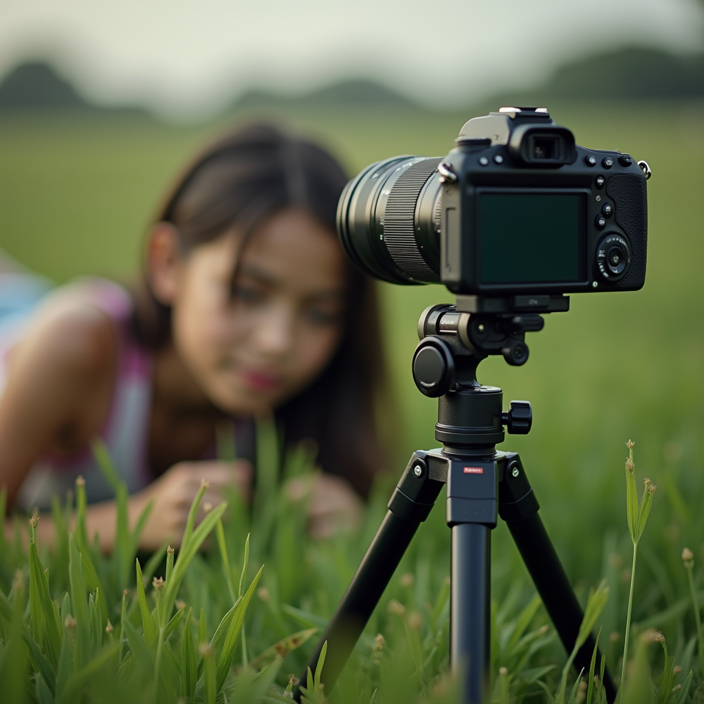 A child lying in the grass, blurred in the background, with a camera on a tripod in focus in the foreground.