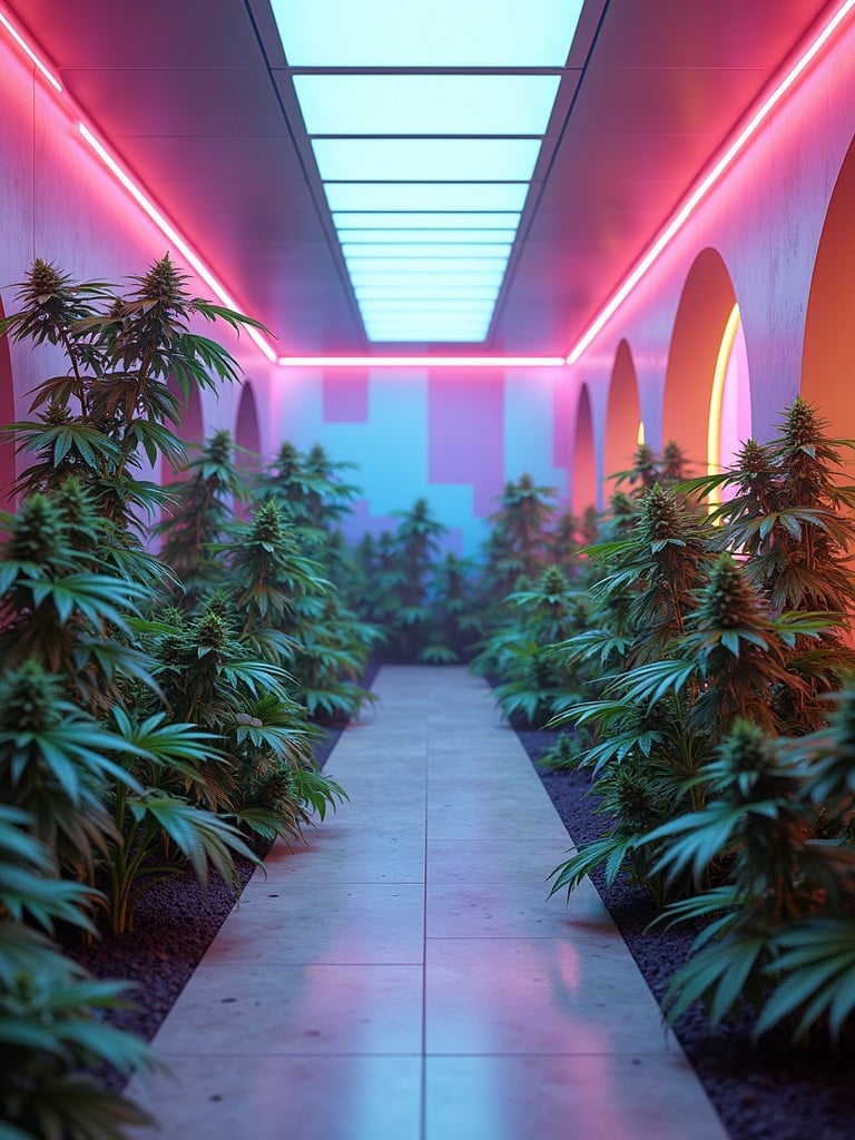 Futuristic rainbow colored 3D marijuana garden. Digital illustration of a full-screen virarium and lush plants. Features neon lighting and a tranquil corridor.