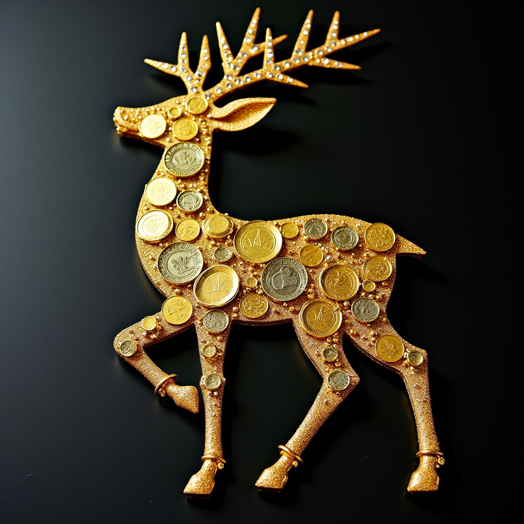 An arrangement of ornate golden coins and jewelry shaped like a deer on a dark surface.