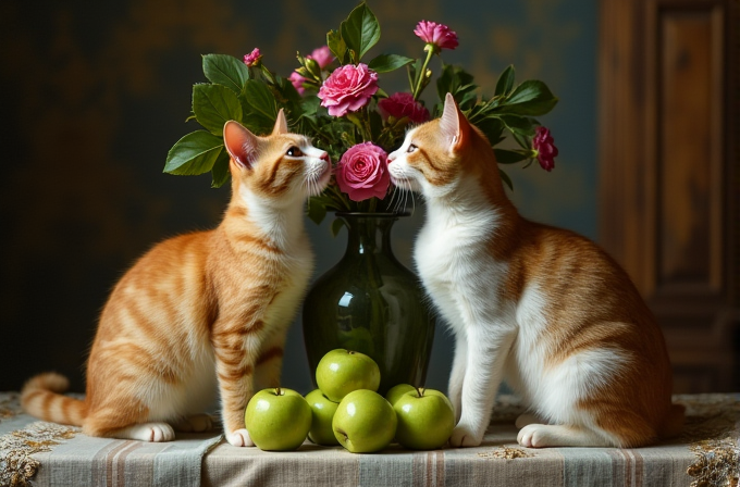 Two ginger cats sit on a table with a vase of pink roses and green apples in front of them.