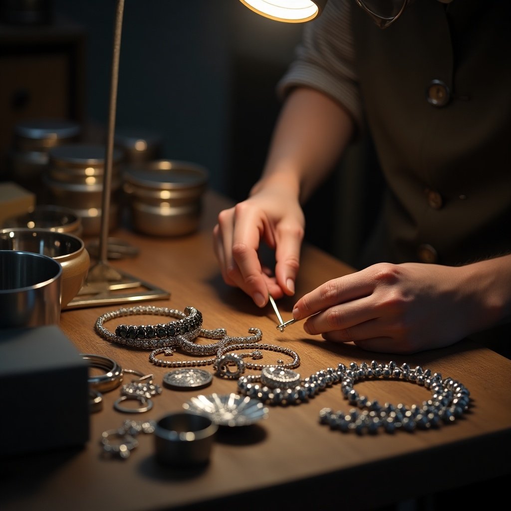 Image depicts the behind the scenes of jewelry making. Hands work carefully on jewelry pieces. Various tools and materials are spread across a wooden table. Soft light illuminates the workspace.