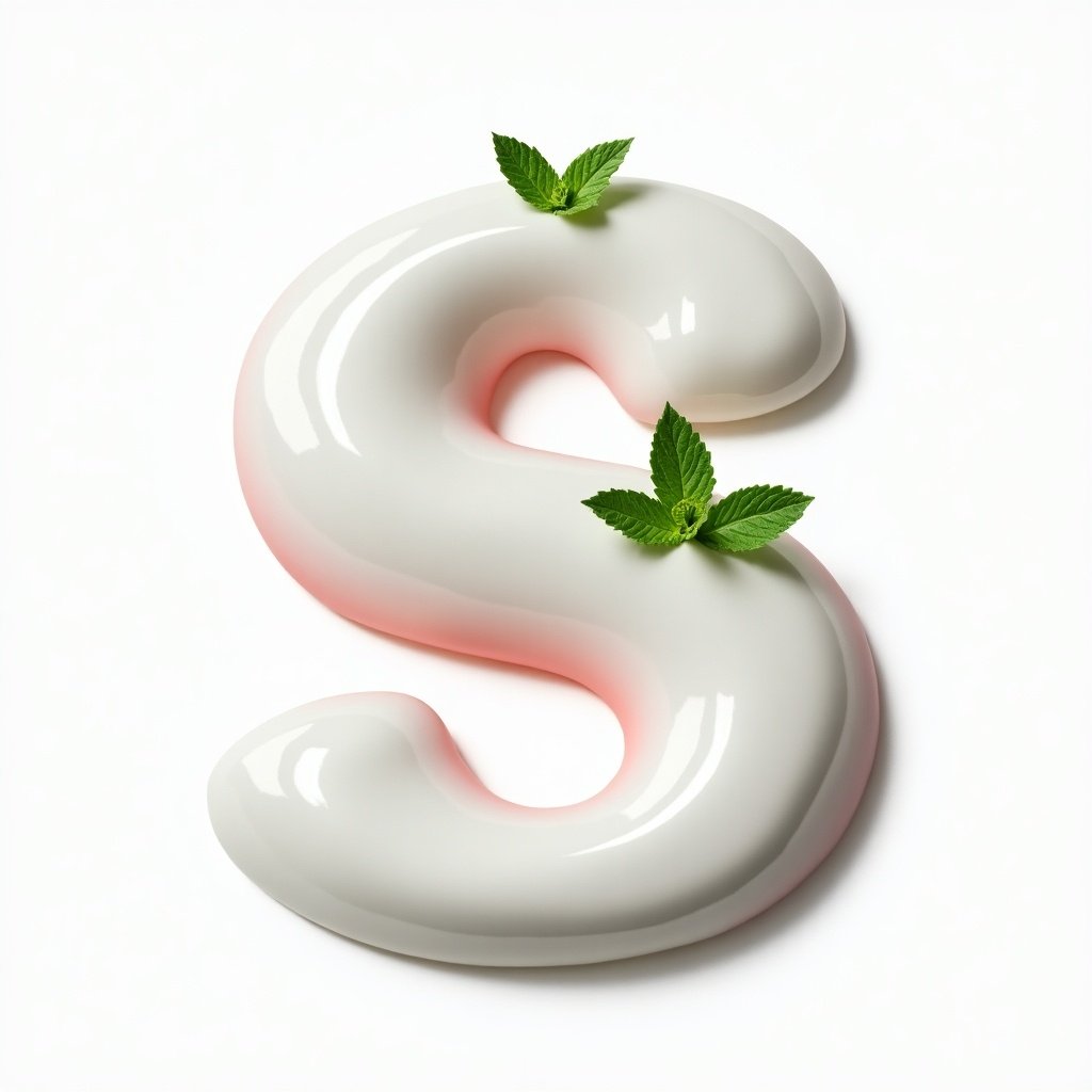 3D S shaped design that represents toothpaste. Features a white and red color scheme. Two fresh mint leaves placed near the design for a natural touch.