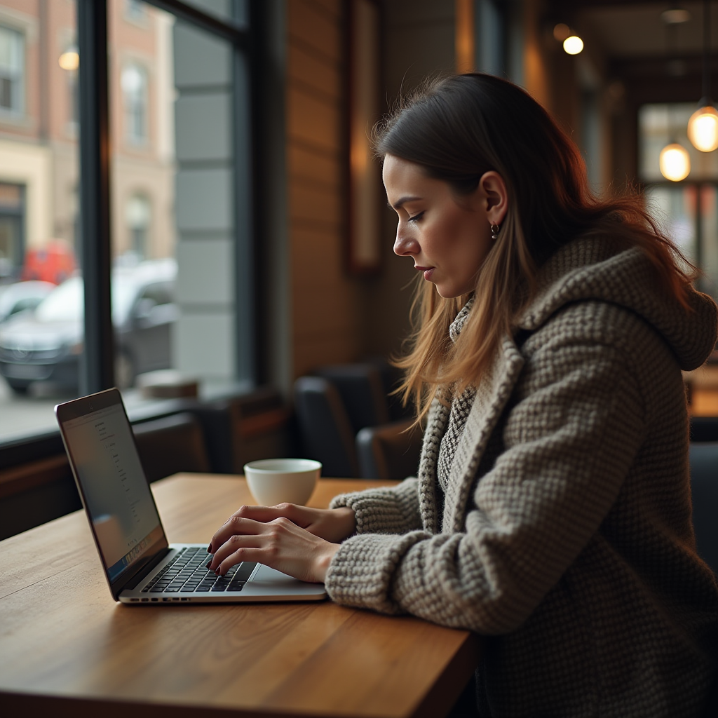 A woman in a cozy outfit working on a laptop in a warmly lit cafe.