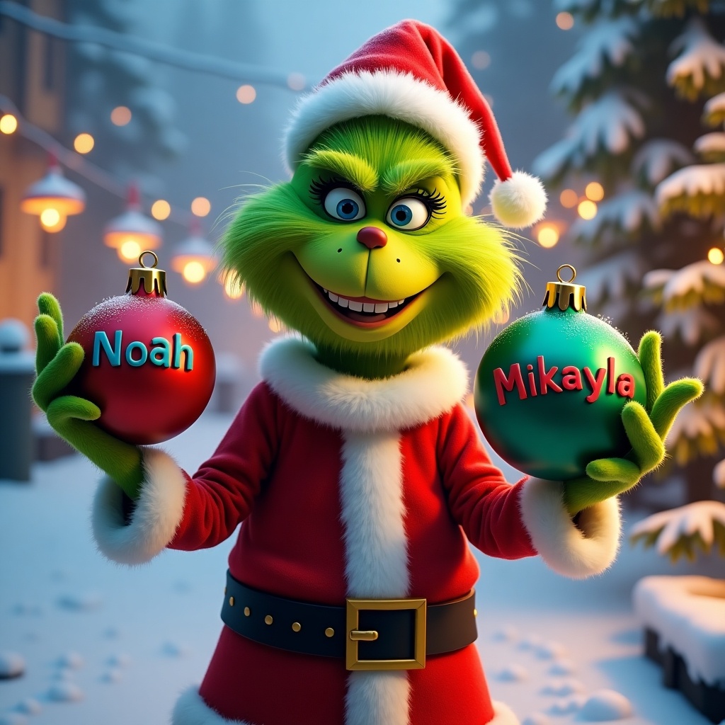 Grinch character in Santa suit holds Christmas ornaments with names. Festive setting with snowy background. Christmas lights on trees.