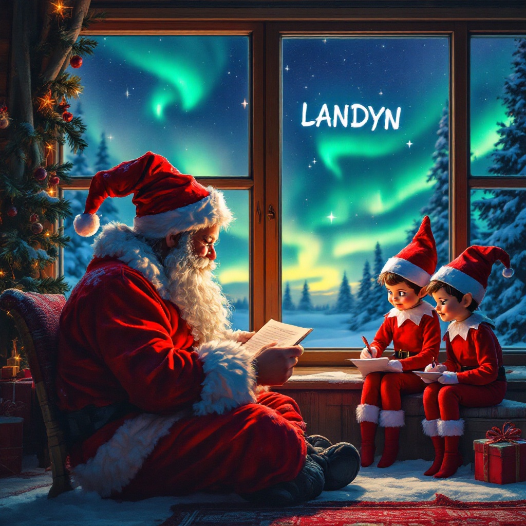 In a cozy cabin, Santa Claus sits by a window surrounded by two cheerful elves. They are writing notes together, preparing for the holiday season with a warm ambiance. Outside, a stunning sky filled with northern lights creates a magical backdrop. The elves, wearing their iconic red outfits, eagerly engage with Santa, embodying the excitement of Christmas. The scene is inviting, highlighting the spirit of giving. The name 'LANDYN' glows in the sky, adding a personal touch to the festive setting.