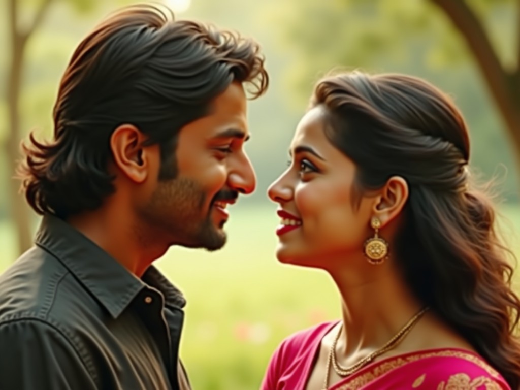 The image captures a moment between a couple gazing into each other's eyes, filled with affection and warmth. The man, with flowing hair and a casual shirt, smiles softly, while the woman, adorned in a beautiful pink sari with gold accents, beams back. Their expressions portray a deep connection, symbolizing love and romance. The background is lush and green, enhancing the romantic ambiance. The soft lighting adds to the enchanting feel of the scene, making it ideal for film promotions or advertising related to love and relationships.