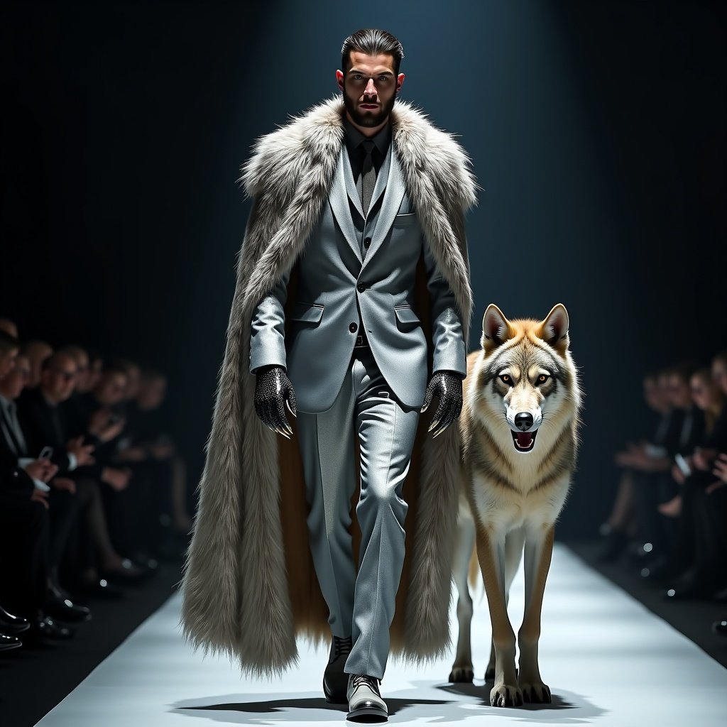 A tall werewolf in a silver fur-lined suit walked confidently on a runway. The cloak resembles wolf's skin and features claw-like accents on gloves. A direwolf stands beside him, sharing a commanding presence. The scene combines fashion and fantasy, with strong synergy between them. Dramatic lighting highlights their outfits.