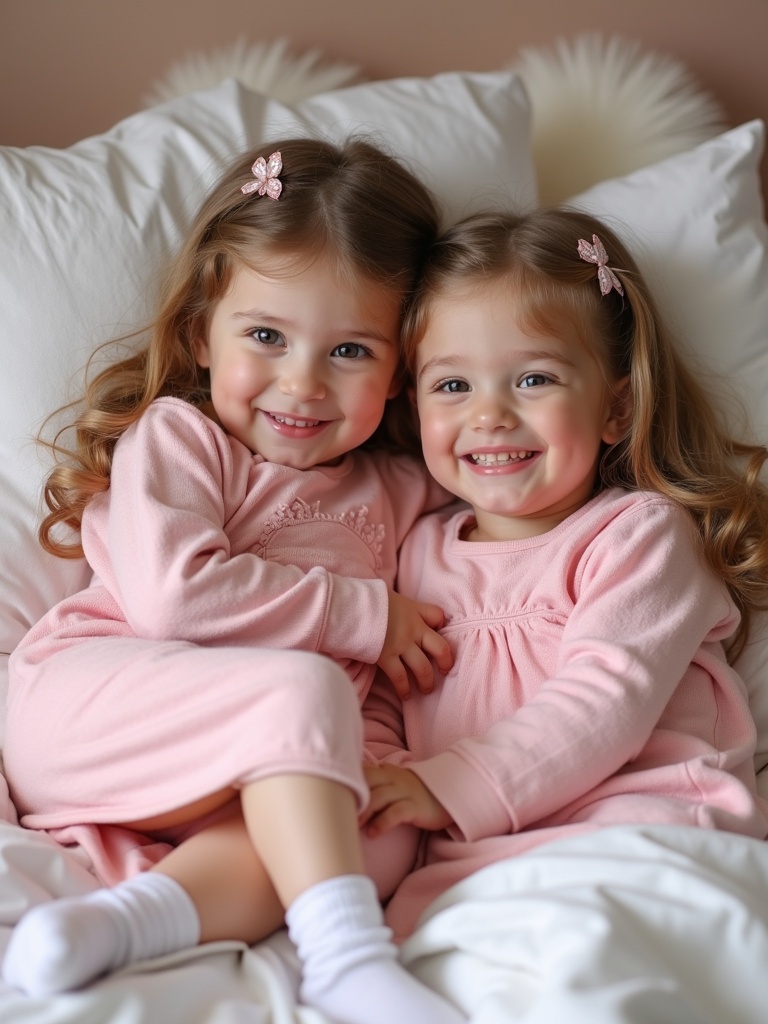 Two cute little Russian girls are wearing pink nightgowns with white babydoll socks. They are in bed hugging each other during a sleepover. The setting is cozy and inviting with soft blankets and pillows.