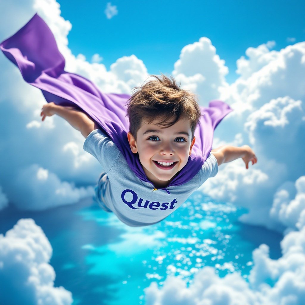 Young Spanish boy flying with confidence. He wears a purple cape with a shirt that says Quest. Background features bright sky and white clouds. Below him is the cristal caribbean sea. The scene radiates happiness and adventure.