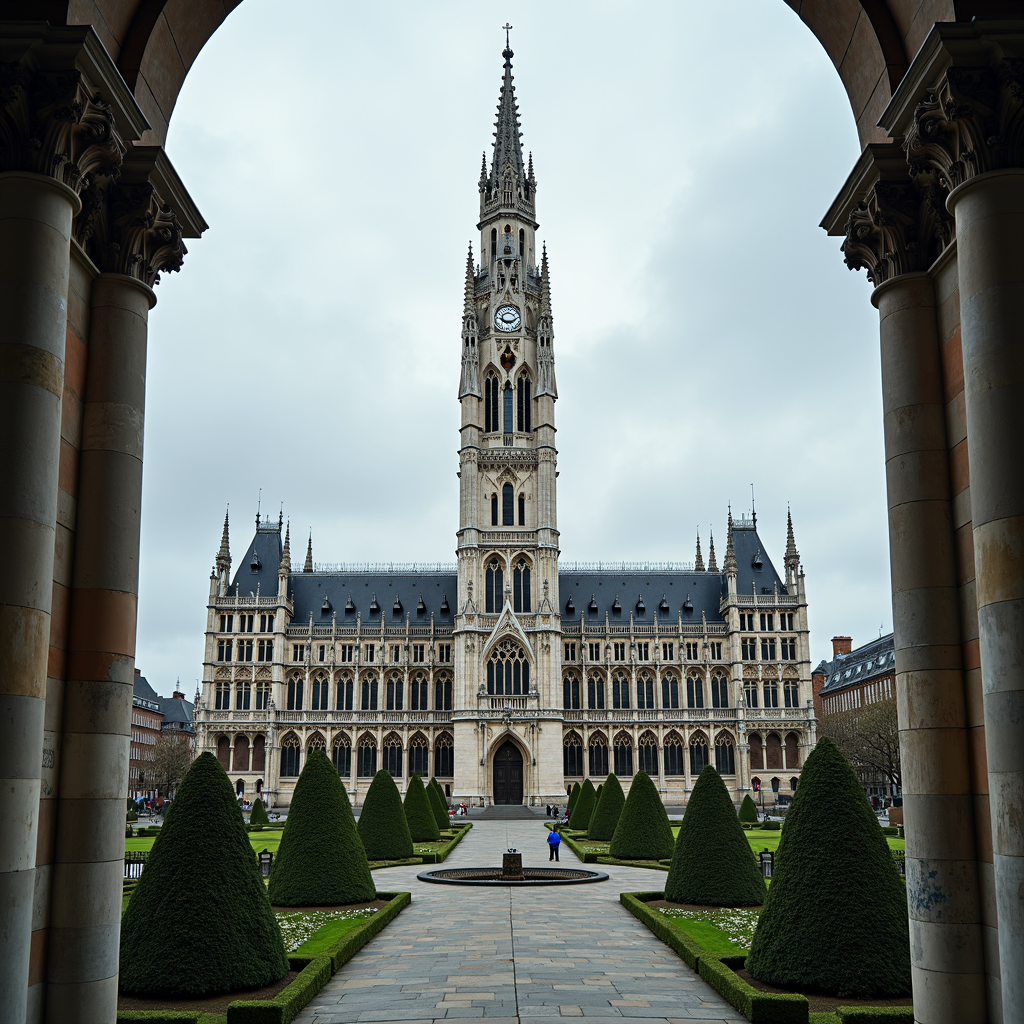 A grand, gothic-style building with a tall central spire and intricate architectural details, framed symmetrically by arched pillars, against a cloudy sky.