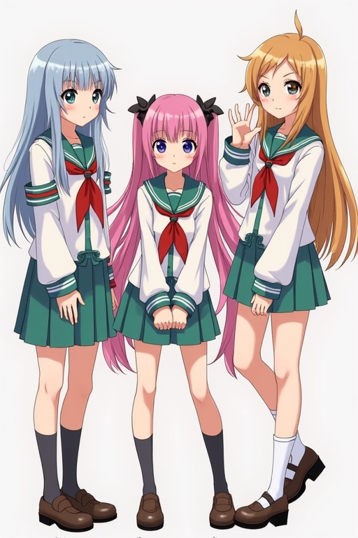 Three diverse anime-style female characters with charming expressions. Each character has distinct hair color and length. All characters wear matching green school outfits. The design captures a vibrant and youthful spirit.