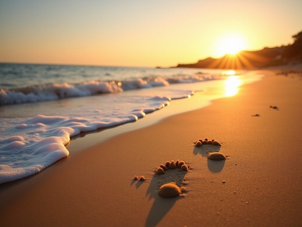 The image depicts footprints leading towards the ocean at sunset. The warm colors of the sunset blend beautifully with the soft beach sand. Gentle waves can be seen lapping at the shore. A serene atmosphere is conveyed by the calm sea. This picturesque scene captures the essence of a peaceful beach experience.