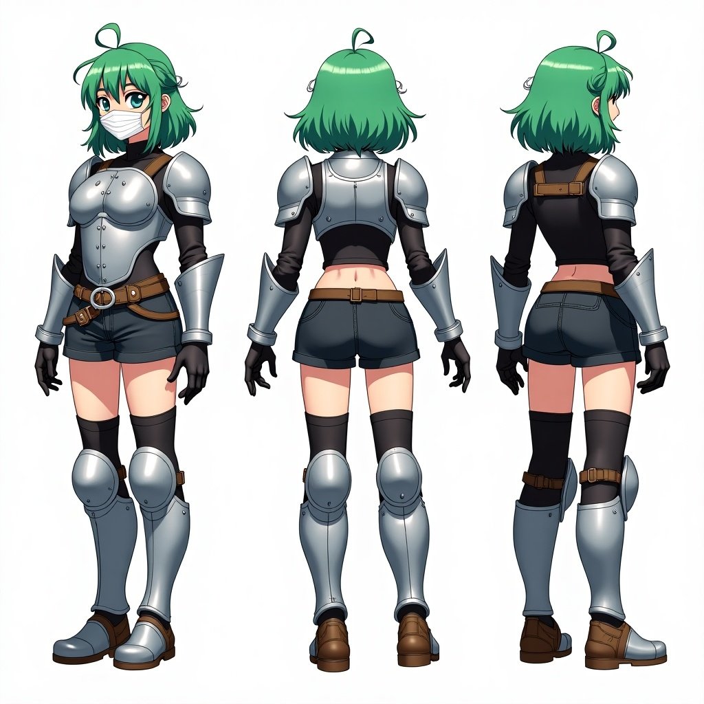 Anime mercenary tomboy character with green hair in three views. The character has a black shirt under metal silver shoulder pads and chest plate. The design includes metal gauntlets and shin pads. The character poses in front, side, and back views.