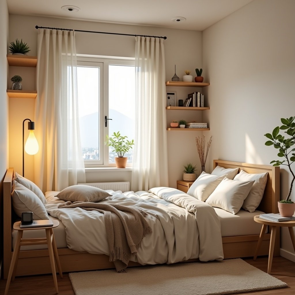 Cozy minimalist bedroom designed for relaxation and focus. The room features warm lighting with a modern floor lamp. A neatly made bed is covered with light-colored linens and a textured blanket. A wooden desk has a laptop and organized notebooks. Soft curtains allow diffused sunlight. The walls have bookshelves and subtle artwork. A clean uncluttered look with neutral tones and a green potted plant on the nightstand. Soft rug on the floor enhances comfort.