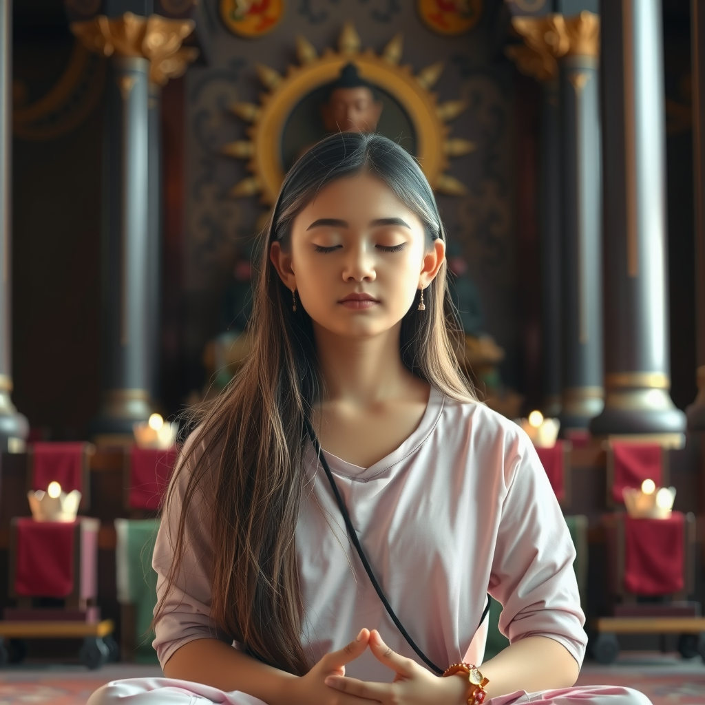 A young woman meditates peacefully in a candlelit temple.