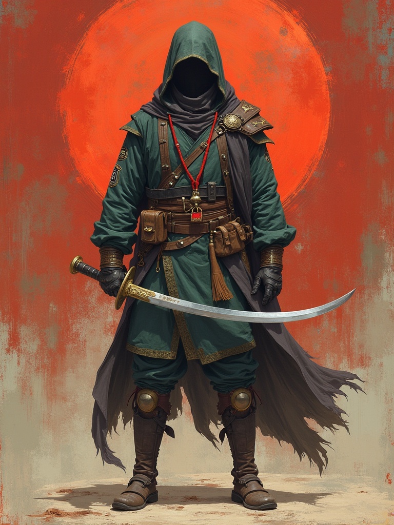 A hooded figure stands confidently with a sword in front of a large red sun. The character wears a flowing green outfit adorned with various accessories. The figure's face is shrouded in shadow, showcasing a mysterious presence. The background includes textured elements enhancing the dramatic feel.