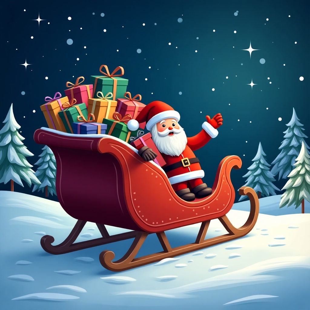 The image depicts Santa Claus joyfully waving from his classic red sleigh filled with colorful gifts. The snowy landscape surrounds him, dotted with evergreen trees. The night sky sparkles with stars, creating a magical winter scene. This festive illustration captures the joy and spirit of Christmas. Santa is dressed in his traditional red suit, enhancing the holiday theme.