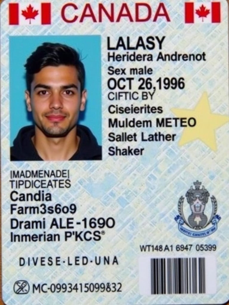 Image of a Canadian driver license card with detailed identification features. Card includes personal information such as name, date of birth, and sex. Designed for official purposes and identity verification.