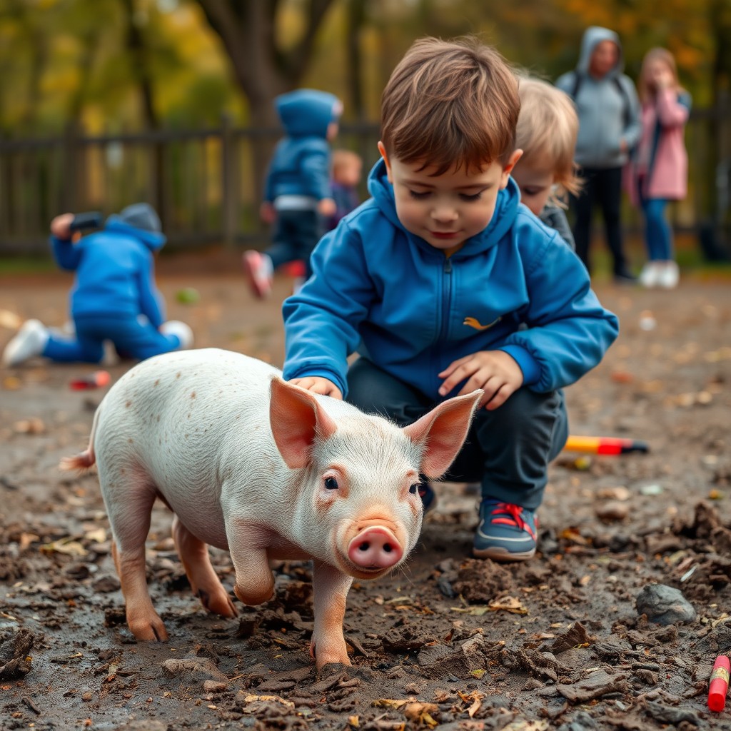 A child playing with a piglet outdoors in a lively park setting.