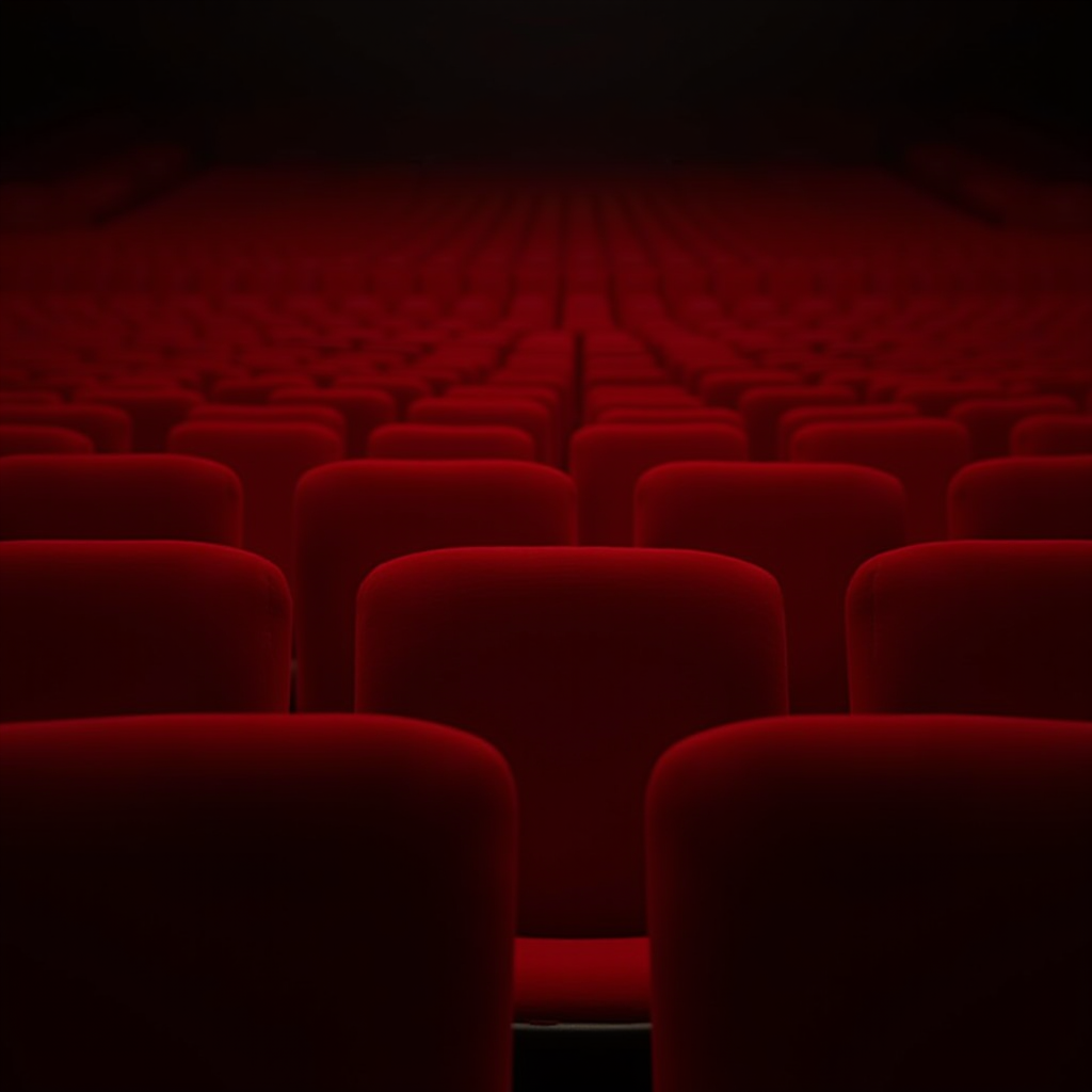 An empty theatre with red velvet seats fading into darkness.