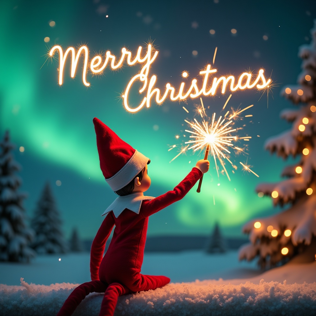 Christmas scene with an elf holding a sparkler. Elf wears red and white. Messages in sparkler script. Vibrant northern lights in the background. Festive atmosphere with a magical feeling.