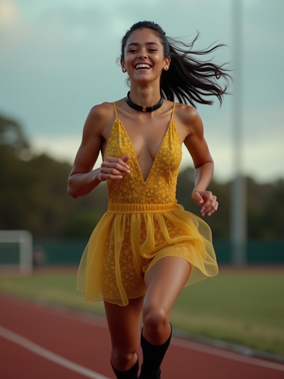 A fit young woman is depicted in a dynamic action shot, sprinting on an empty sports oval. She wears a tiny floral yellow dress and thigh-high black socks, showcasing her athletic physique and toned legs. The scene captures her joyful expression as she runs, with her hair flowing in the breeze. The low-angle perspective emphasizes her movement and energy. The dusk lighting adds a warm glow to the golden hues of her skin, creating an inviting atmosphere.