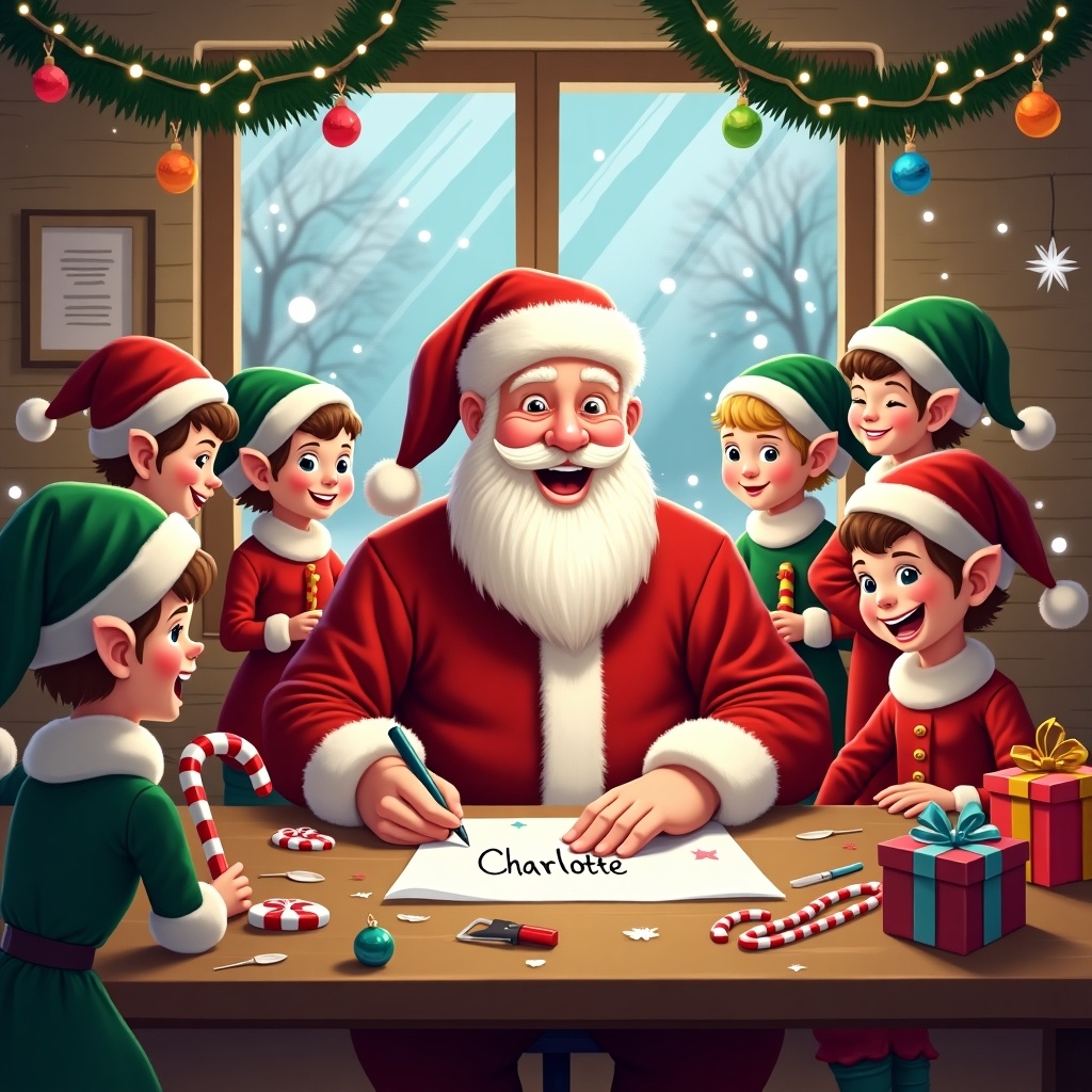 This image depicts a joyful Christmas scene inside a workshop where Santa Claus is surrounded by cheerful elves. They are all smiling and engaged in festive activities, embodying the holiday spirit. Santa, in his iconic red suit, is writing a name on a letter, while the elves wear green hats and red outfits. The table is adorned with brightly wrapped presents, colorful ornaments, and candy canes, enhancing the festive feel. Outside, snow can be seen through the window, creating a cozy winter atmosphere. Warm lights and decorations around the room add to the cheerful mood of this seasonal gathering.