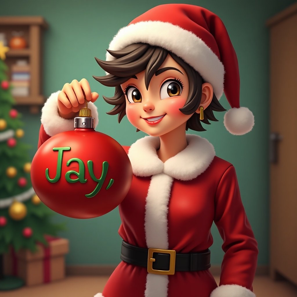 Character dressed in a Santa suit holds a red Christmas ornament. Ornament has the name Jay written in green. The setting is festive and cheerful.